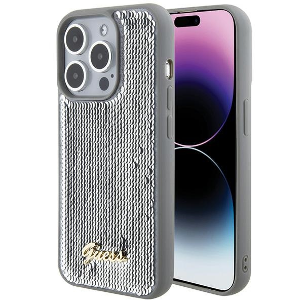 iTok webáruház - Guess Guess Sequin Script Metal tok iPhone 15 Pro Max készülékhez (ezüst) 1 Guess Sequin Script Metal case for iPhone 15 Pro Max (ezüst)