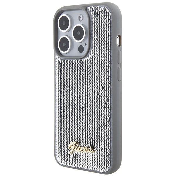 iTok webáruház - Guess Guess Sequin Script Metal tok iPhone 15 Pro Max készülékhez (ezüst) 2 Guess Sequin Script Metal case for iPhone 15 Pro Max (ezüst)