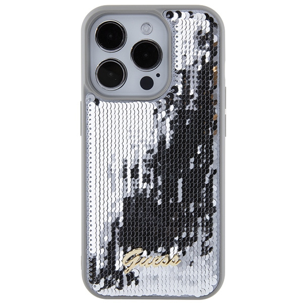 iTok webáruház - Guess Guess Sequin Script Metal tok iPhone 15 Pro Max készülékhez (ezüst) 3 Guess Sequin Script Metal case for iPhone 15 Pro Max (ezüst)