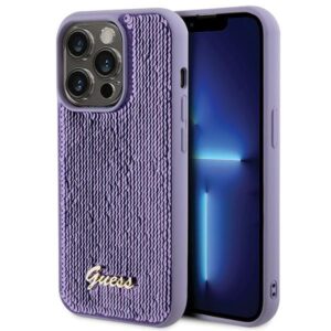 Guess Sequin Script Metal tok iPhone 15 Pro Max készülékhez (lila)