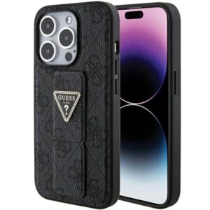 Guess Grip Stand 4G Triangle Strass tok iPhone 15 Pro Max készülékhez (fekete)