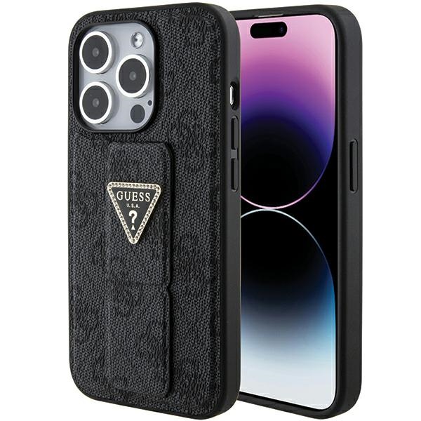 iTok webáruház - Guess Guess Grip Stand 4G Triangle Strass tok iPhone 15 Pro Max készülékhez (fekete) 1 Guess Grip Stand 4G Triangle Strass case for iPhone 15 Pro Max (fekete)