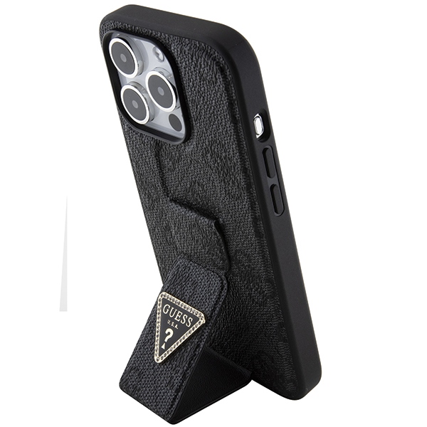 iTok webáruház - Guess Guess Grip Stand 4G Triangle Strass tok iPhone 15 Pro Max készülékhez (fekete) 2 Guess Grip Stand 4G Triangle Strass case for iPhone 15 Pro Max (fekete)