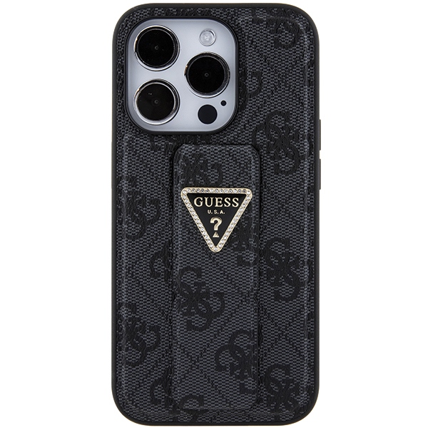 iTok webáruház - Guess Guess Grip Stand 4G Triangle Strass tok iPhone 15 Pro Max készülékhez (fekete) 4 Guess Grip Stand 4G Triangle Strass case for iPhone 15 Pro Max (fekete)