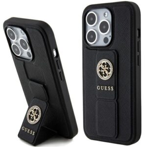 Guess Grip Stand 4G Saffiano Strass tok iPhone 15 Pro Max készülékhez (fekete)
