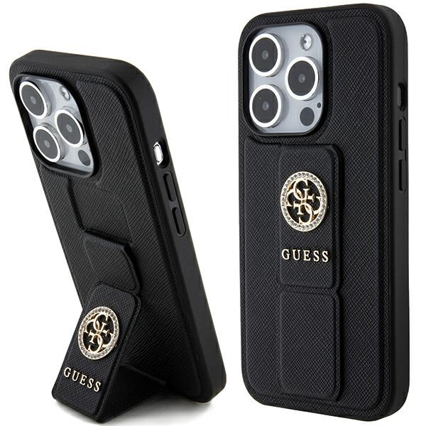 iTok webáruház - Guess Guess Grip Stand 4G Saffiano Strass tok iPhone 15 Pro Max készülékhez (fekete) 1 Guess Grip Stand 4G Saffiano Strass case for iPhone 15 Pro Max (fekete)