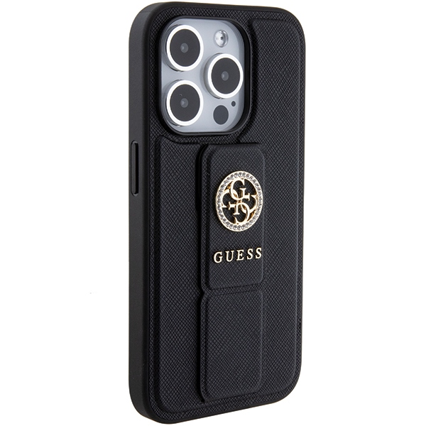 iTok webáruház - Guess Guess Grip Stand 4G Saffiano Strass tok iPhone 15 Pro Max készülékhez (fekete) 4 Guess Grip Stand 4G Saffiano Strass case for iPhone 15 Pro Max (fekete)