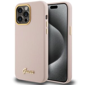 Guess Silicone Script Metal Logo & Frame case for iPhone 15 Pro Max (rózsaszín)