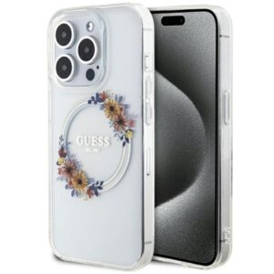 Guess IML Flowers Wreath MagSafe tok iPhone 15 Pro Max készülékhez (átlátszó)
