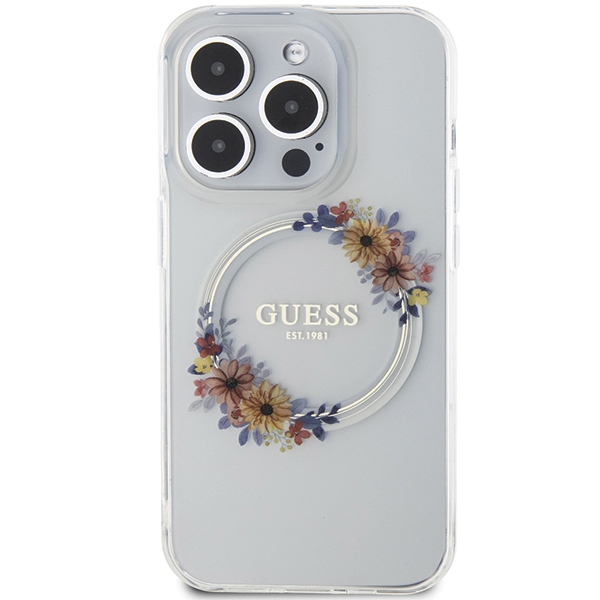 iTok webáruház - Guess Guess IML Flowers Wreath MagSafe tok iPhone 15 Pro Max készülékhez (átlátszó) 3 Guess IML Flowers Wreatch MagSafe iPhone 15 Pro Max Case (átlátszó)