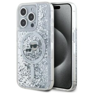 Karl Lagerfeld Liquid Glitter Karl & Choupette Head MagSafe tok iPhone 15 Pro Max készülékhez (átlátszó)