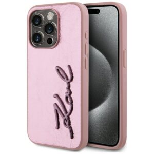 Karl Lagerfeld Wrinkled Metal Signature tok iPhone 15 Pro Max készülékhez (rózsaszín)