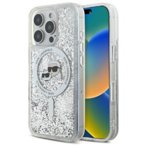 Karl Lagerfeld Liquid Glitter Karl & Choupette Head MagSafe tok iPhone 16 Pro Max készülékhez (átlátszó)