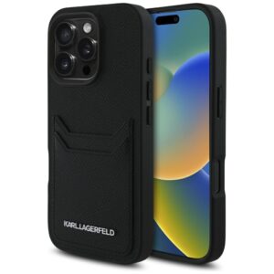 Karl Lagerfeld HC Grained PU Cardslot Metal Elong tok iPhone 16 Pro Max készülékhez (fekete)