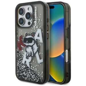 Karl Lagerfeld Liquid Glitter Choupette Logo tok iPhone 16 Pro Max készülékhez (fekete)
