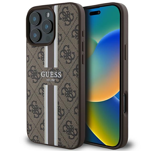 iTok webáruház - Guess Guess 4G Printed Stripes MagSafe tok iPhone 16 Pro Max készülékhez (barna) 1 Guess 4G Printed Stripes MagSafe Case for iPhone 16 Pro Max (barna)
