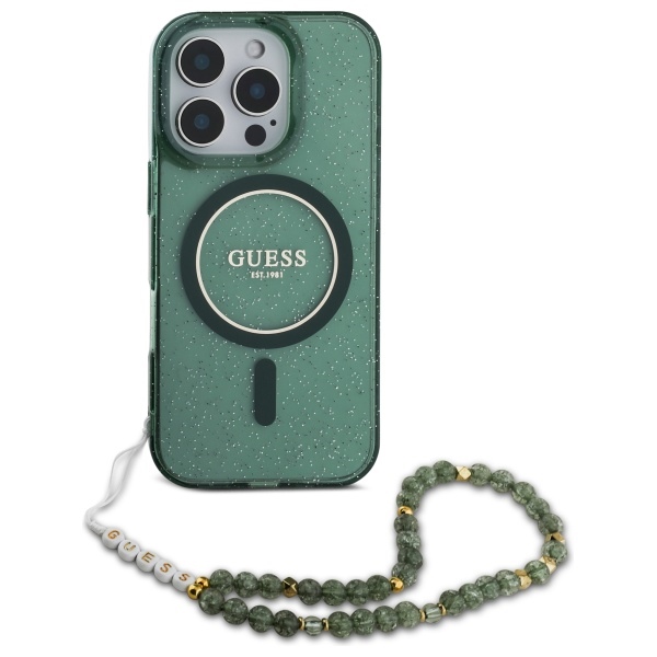 iTok webáruház - Guess Guess IML Glitter gyöngyös szíjas MagSafe tok iPhone 16 Pro Max készülékhez (zöld) 2 Guess IML Glitter With Pearl Strap MagSafe case for iPhone 16 Pro Max (zöld)