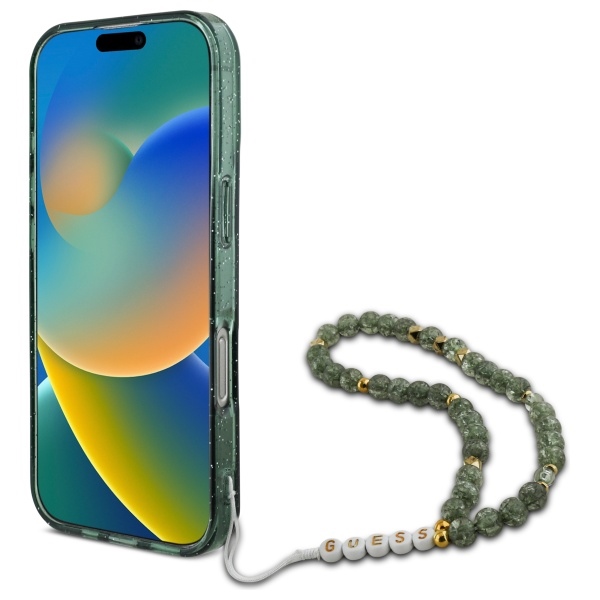 iTok webáruház - Guess Guess IML Glitter gyöngyös szíjas MagSafe tok iPhone 16 Pro Max készülékhez (zöld) 4 Guess IML Glitter With Pearl Strap MagSafe case for iPhone 16 Pro Max (zöld)