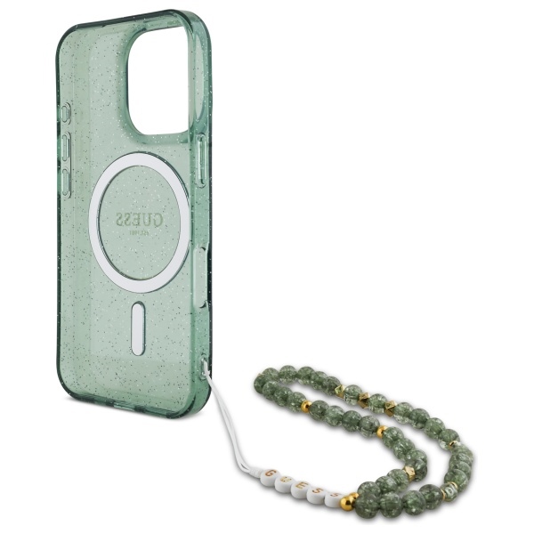 iTok webáruház - Guess Guess IML Glitter gyöngyös szíjas MagSafe tok iPhone 16 Pro Max készülékhez (zöld) 6 Guess IML Glitter With Pearl Strap MagSafe case for iPhone 16 Pro Max (zöld)