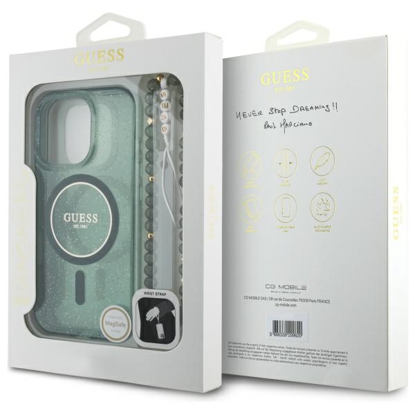iTok webáruház - Guess Guess IML Glitter gyöngyös szíjas MagSafe tok iPhone 16 Pro Max készülékhez (zöld) 7 Guess IML Glitter With Pearl Strap MagSafe case for iPhone 16 Pro Max (zöld)