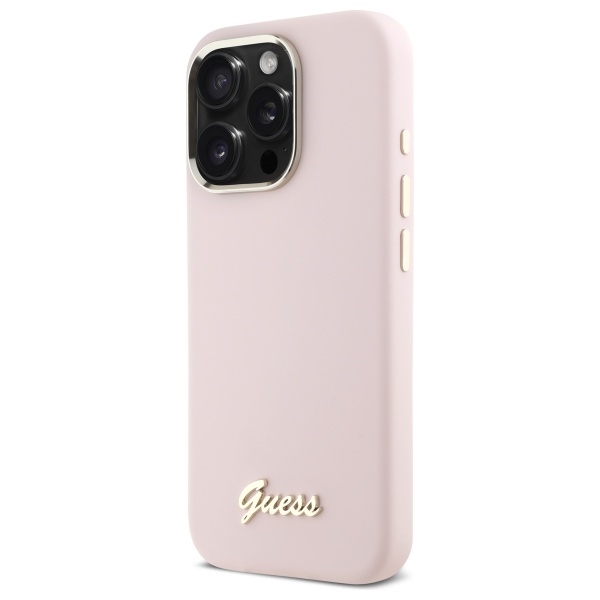 iTok webáruház - Guess Guess Silicone Script Metal Logo & Frame tok iPhone 16 Pro Max készülékhez (rózsaszín) 2 Guess Silicone Script Metal Logo & Frame iPhone 16 Pro Max Case (rózsaszín)