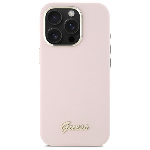 iTok webáruház - Guess Guess Silicone Script Metal Logo & Frame tok iPhone 16 Pro Max készülékhez (rózsaszín) 3 Guess Silicone Script Metal Logo & Frame iPhone 16 Pro Max Case (rózsaszín)
