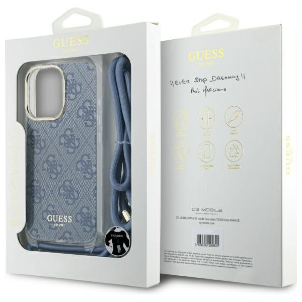 iTok webáruház - Guess Guess Crossbody Cord 4G Print tok iPhone 16 Pro Max készülékhez (kék) 7 Guess Crossbody Cord 4G Print Case for iPhone 16 Pro Max (kék)