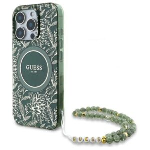 Guess IML Flowers Allover Electro With Pearl Strap MagSafe tok iPhone 16 Pro Max készülékhez (zöld)