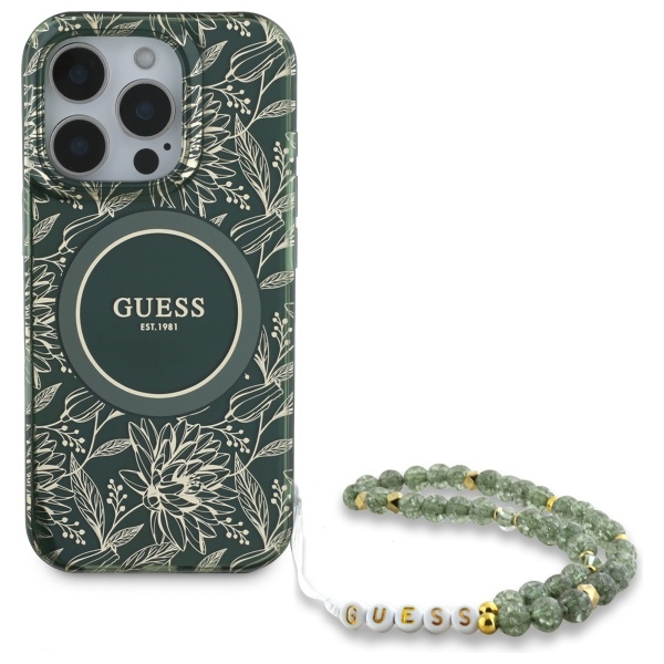 iTok webáruház - Guess Guess IML Flowers Allover Electro With Pearl Strap MagSafe tok iPhone 16 Pro Max készülékhez (zöld) 2 Guess IML Flowers Allover Electro With Pearl Strap MagSafe case for iPhone 16 Pro Max (zöld)