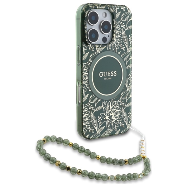 iTok webáruház - Guess Guess IML Flowers Allover Electro With Pearl Strap MagSafe tok iPhone 16 Pro Max készülékhez (zöld) 3 Guess IML Flowers Allover Electro With Pearl Strap MagSafe case for iPhone 16 Pro Max (zöld)