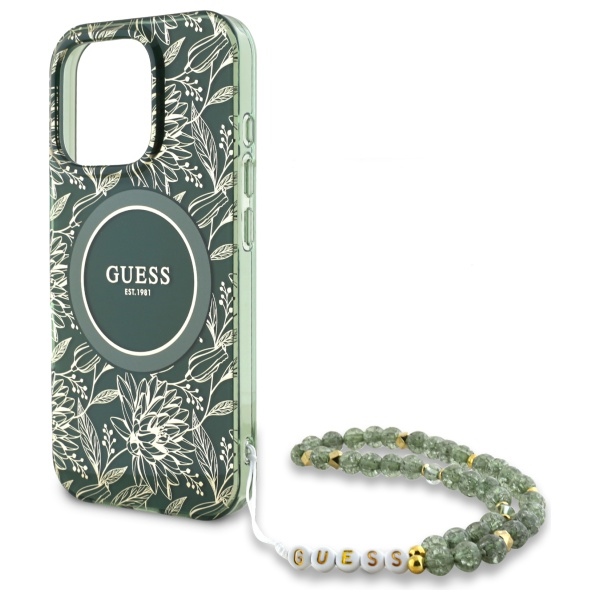 iTok webáruház - Guess Guess IML Flowers Allover Electro With Pearl Strap MagSafe tok iPhone 16 Pro Max készülékhez (zöld) 5 Guess IML Flowers Allover Electro With Pearl Strap MagSafe case for iPhone 16 Pro Max (zöld)