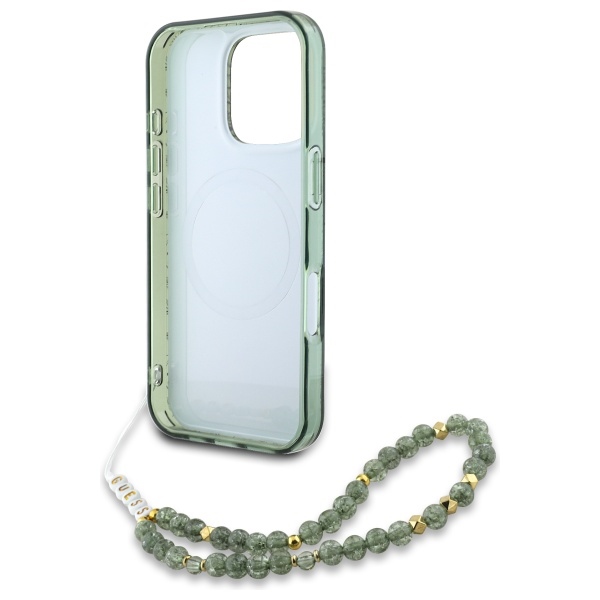 iTok webáruház - Guess Guess IML Flowers Allover Electro With Pearl Strap MagSafe tok iPhone 16 Pro Max készülékhez (zöld) 6 Guess IML Flowers Allover Electro With Pearl Strap MagSafe case for iPhone 16 Pro Max (zöld)