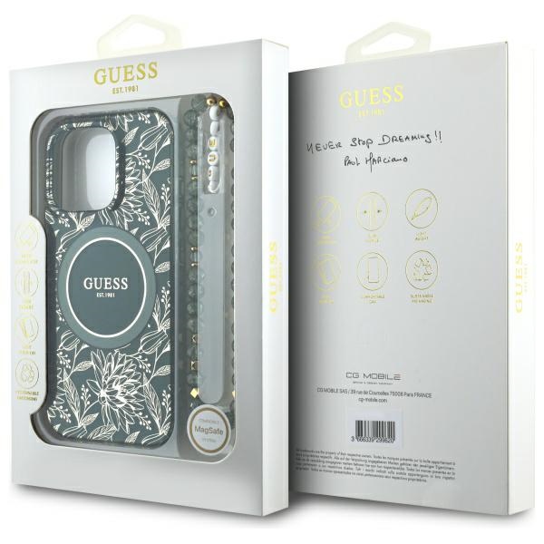 iTok webáruház - Guess Guess IML Flowers Allover Electro With Pearl Strap MagSafe tok iPhone 16 Pro Max készülékhez (zöld) 7 Guess IML Flowers Allover Electro With Pearl Strap MagSafe case for iPhone 16 Pro Max (zöld)