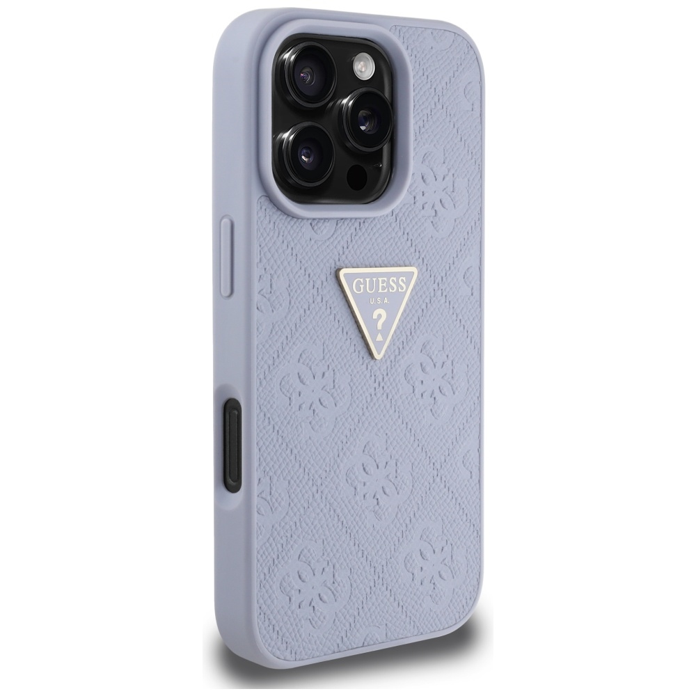 iTok webáruház - Guess Guess Hot Stamp 4G Pattern Triangle Metal Logo tok iPhone 16 Pro Max készülékhez (lila) 4 Guess Hot Stamp 4G Pattern Triangle Metal Logo Case for iPhone 16 Pro Max (lila)