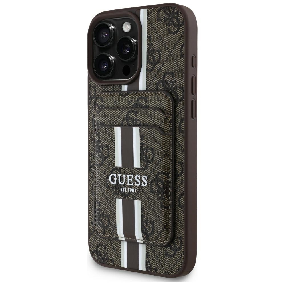 iTok webáruház - Guess Guess 4G Stripes MagSafe pénztárcás tok iPhone 16 Pro Max készülékhez, barna 1 Guess 4G Stripes case with Magsafe wallet for iPhone 16 Pro Max brown
