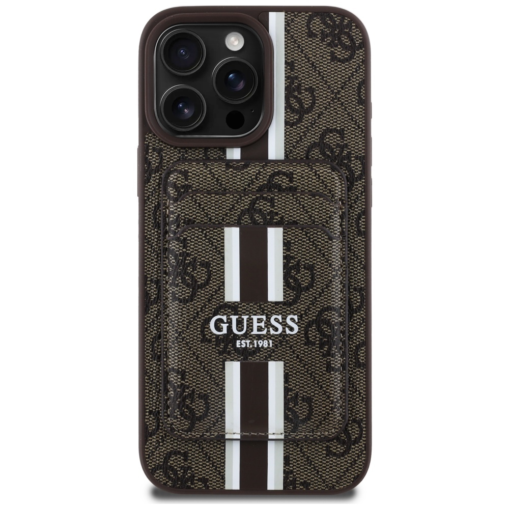 iTok webáruház - Guess Guess 4G Stripes MagSafe pénztárcás tok iPhone 16 Pro Max készülékhez, barna 2 Guess 4G Stripes case with Magsafe wallet for iPhone 16 Pro Max brown