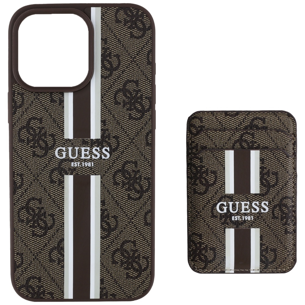 iTok webáruház - Guess Guess 4G Stripes MagSafe pénztárcás tok iPhone 16 Pro Max készülékhez, barna 3 Guess 4G Stripes case with Magsafe wallet for iPhone 16 Pro Max brown