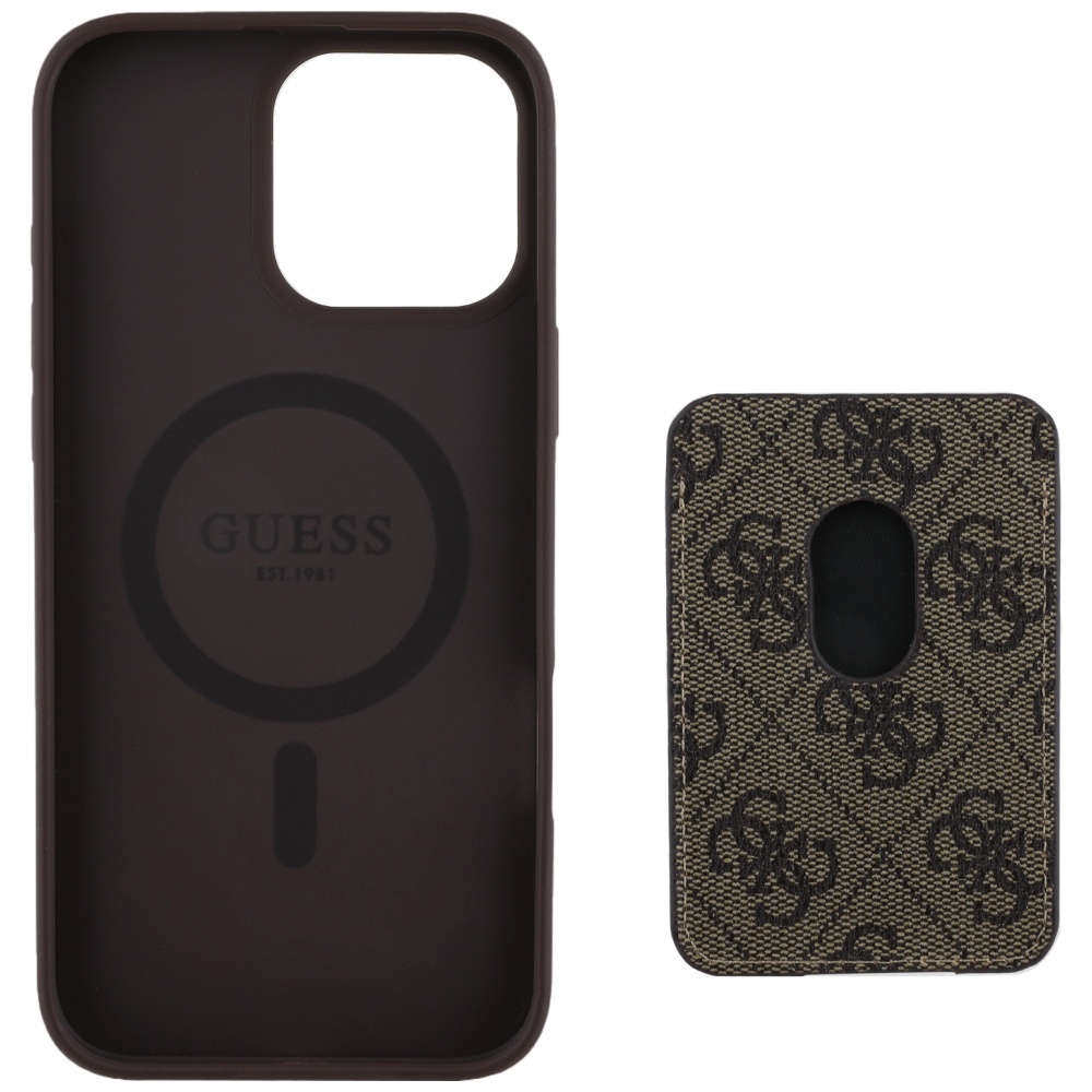 iTok webáruház - Guess Guess 4G Stripes MagSafe pénztárcás tok iPhone 16 Pro Max készülékhez, barna 4 Guess 4G Stripes case with Magsafe wallet for iPhone 16 Pro Max brown