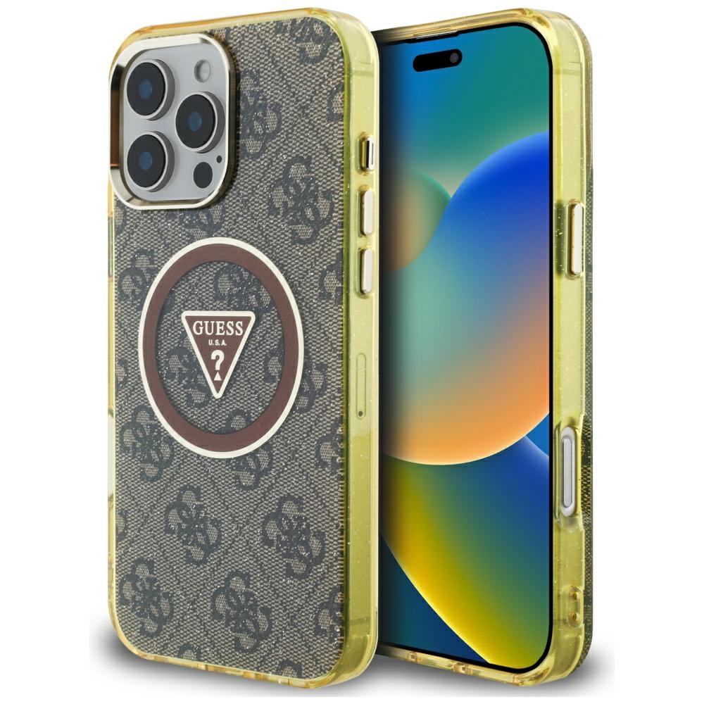 iTok webáruház - Guess Guess IML Metal Glitter 4G Circle Triangle MagSafe tok iPhone 16 Pro Max készülékhez (barna) 1 Guess IML Metal Glitter 4G Circle Triangle MagSafe Case for iPhone 16 Pro Max (barna)