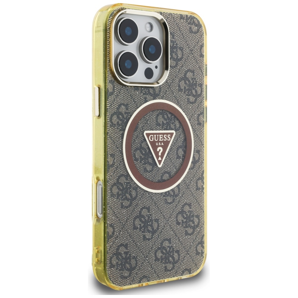 iTok webáruház - Guess Guess IML Metal Glitter 4G Circle Triangle MagSafe tok iPhone 16 Pro Max készülékhez (barna) 4 Guess IML Metal Glitter 4G Circle Triangle MagSafe Case for iPhone 16 Pro Max (barna)
