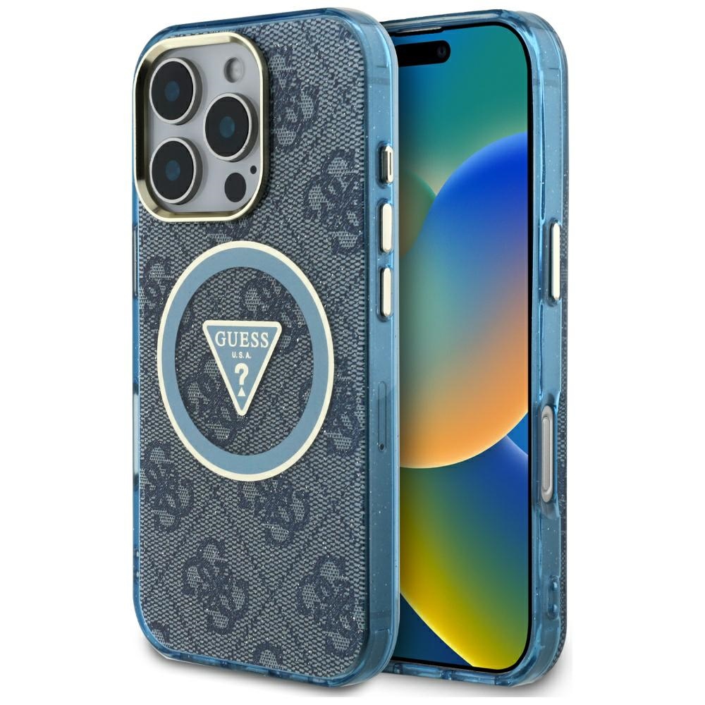 iTok webáruház - Guess Guess IML Metal Glitter 4G Circle Triangle MagSafe tok iPhone 16 Pro Max készülékhez (kék) 1 Guess IML Metal Glitter 4G Circle Triangle MagSafe Case for iPhone 16 Pro Max (kék)