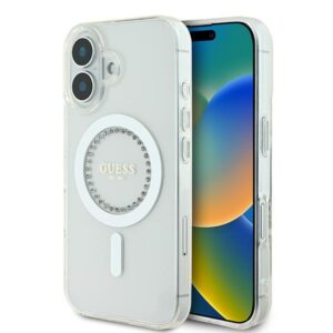 Guess IML Rhinestones MagSafe tok iPhone 16 Plus készülékhez (fehér)