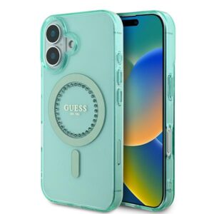 Guess IML Rhinestones MagSafe tok iPhone 16 Plus készülékhez (zöld)