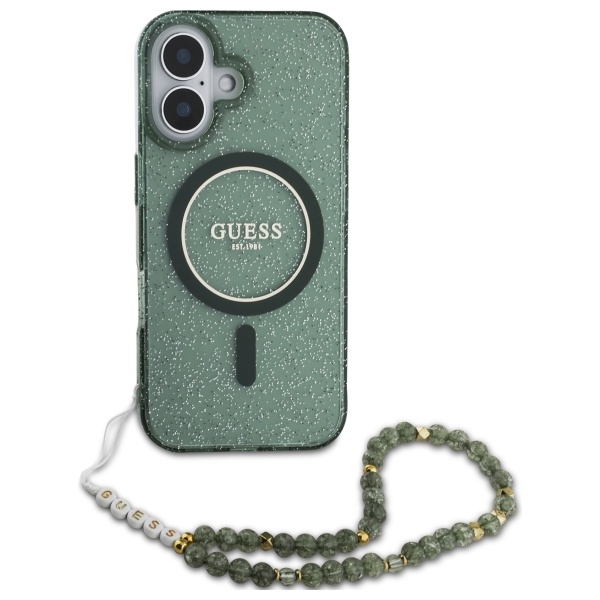 iTok webáruház - Guess Guess IML Glitter gyöngyös pánttal MagSafe tok iPhone 16 Plus (zöld) 2 Guess IML Glitter With Pearl Strap MagSafe case for iPhone 16 Plus (zöld)
