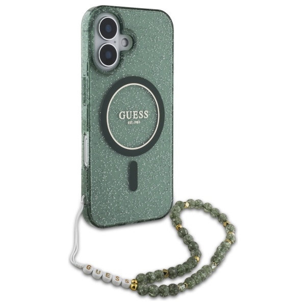 iTok webáruház - Guess Guess IML Glitter gyöngyös pánttal MagSafe tok iPhone 16 Plus (zöld) 3 Guess IML Glitter With Pearl Strap MagSafe case for iPhone 16 Plus (zöld)