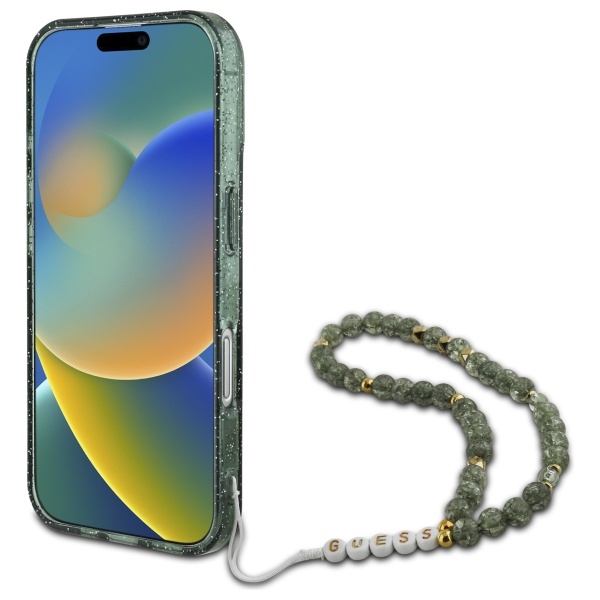 iTok webáruház - Guess Guess IML Glitter gyöngyös pánttal MagSafe tok iPhone 16 Plus (zöld) 4 Guess IML Glitter With Pearl Strap MagSafe case for iPhone 16 Plus (zöld)