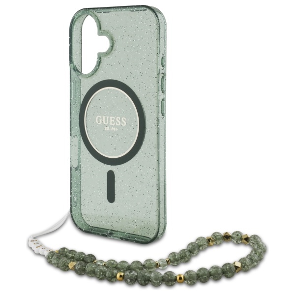 iTok webáruház - Guess Guess IML Glitter gyöngyös pánttal MagSafe tok iPhone 16 Plus (zöld) 5 Guess IML Glitter With Pearl Strap MagSafe case for iPhone 16 Plus (zöld)