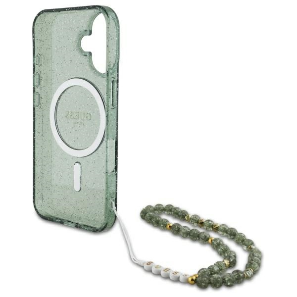 iTok webáruház - Guess Guess IML Glitter gyöngyös pánttal MagSafe tok iPhone 16 Plus (zöld) 6 Guess IML Glitter With Pearl Strap MagSafe case for iPhone 16 Plus (zöld)