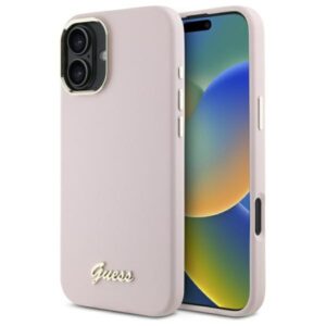 Guess Silicone Script Metal Logo & Frame iPhone 16 Plus tok (rózsaszín)