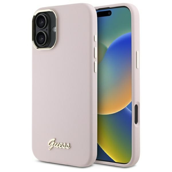 iTok webáruház - Guess Guess Silicone Script Metal Logo & Frame iPhone 16 Plus tok (rózsaszín) 1 Guess Silicone Script Metal Logo & Frame iPhone 16 Plus Case (rózsaszín)